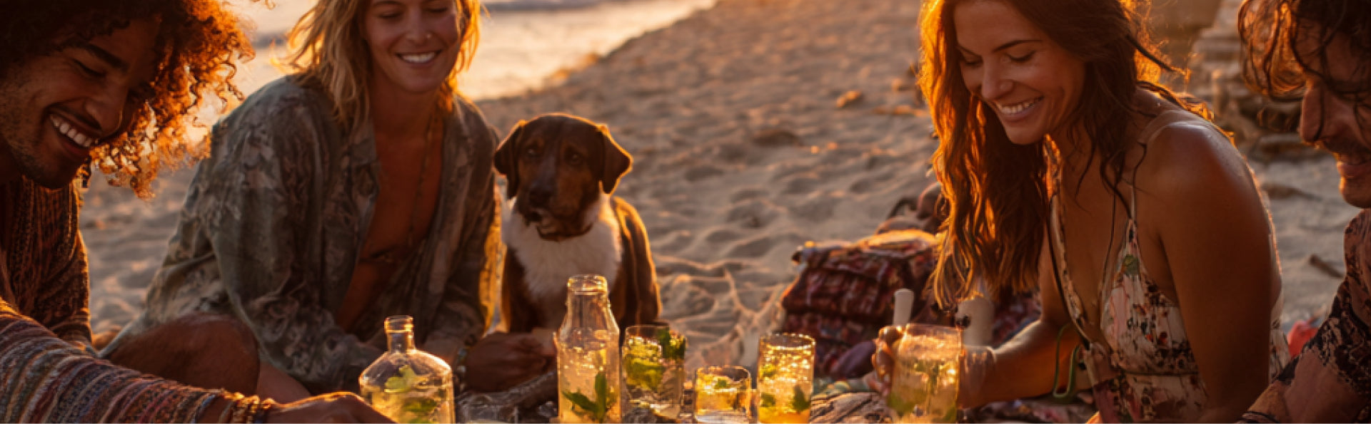 Friends enjoying drinks on the beach with dog