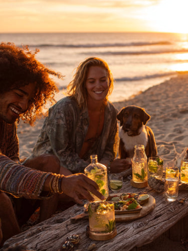 Beach gathering with drinks and dog
